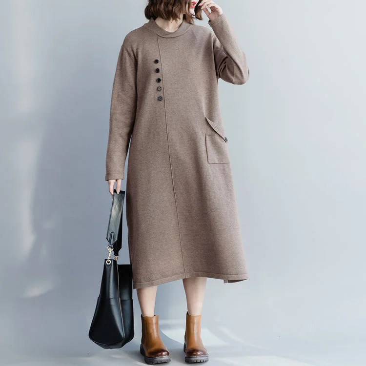 Elevate Your Wardrobe Chunky khaki Sweater Wardrobes Street Style Big O neck pockets knit dress