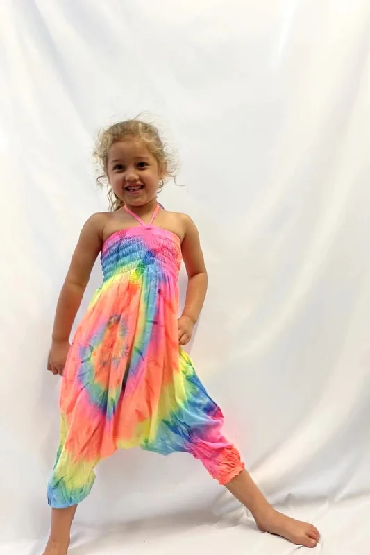 Ethnic Cultural Event Wear Children's Tie Dye Harem Jumpsuit - Neon Rainbow