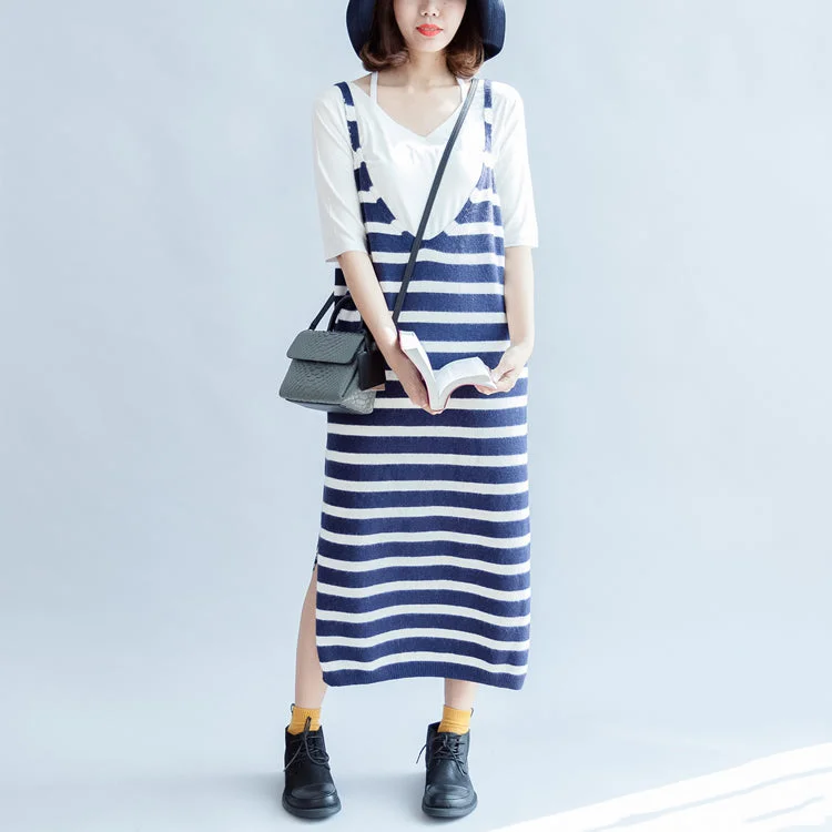 Holiday Attire Sale Casual fall blue white striped knit dresses plus size women sleeveless sweater dress