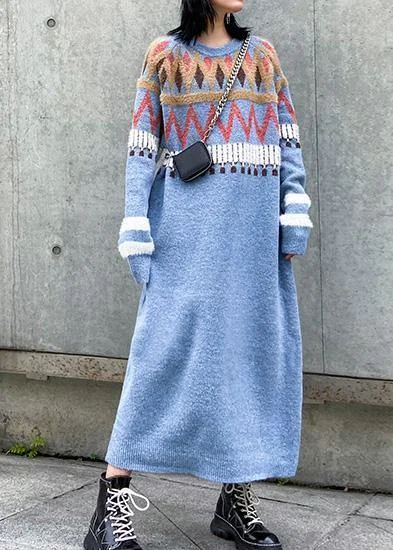 Clearance Event Simple Geometric Sweater winter dresses Classy blue o neck Fuzzy knit dresses