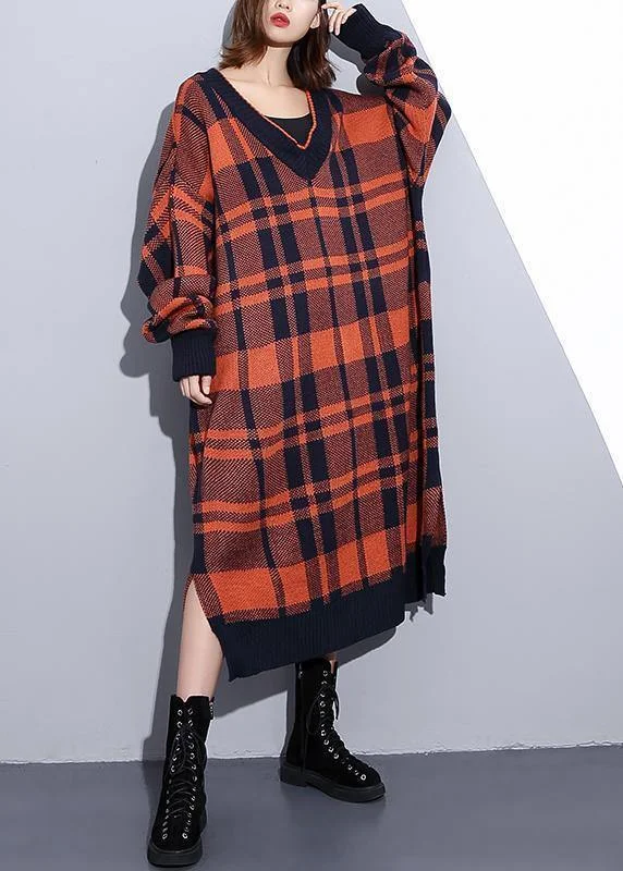 Elegant Style Cozy orange plaid Sweater weather Design v neck side open Art knit dresses