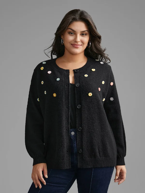 Effortless Grace Stereo Flower Design Button Through Cardigan