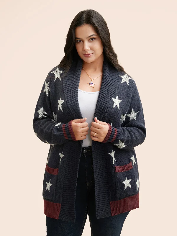 End - Of - Month Blowout Star Contrast Patched Pocket Cardigan