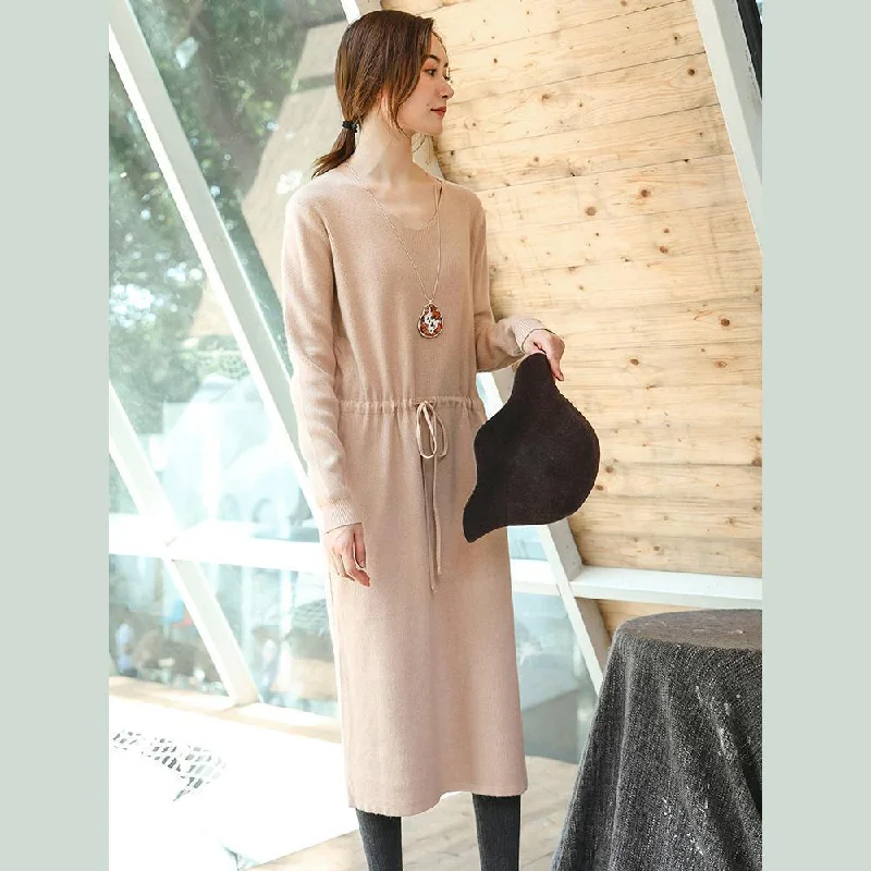 Popular Collection boutique beige knit Loose fitting V neck spring dresses fine drawstring long knit sweaters