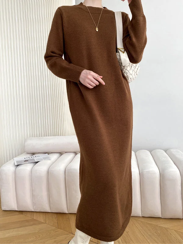 All Season Basics Discount Urban Loose Long Sleeves Modern Solid Color Round-Neck Sweater Dresses