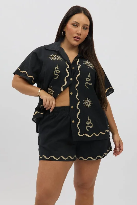 Tropical Island - Inspired Attire Black Printed Elastic Waist Pull On Cotton Shorts