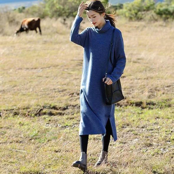 Hot Trends Fashion Blue And Red High Neck Maxi Sweater Dresses For Women