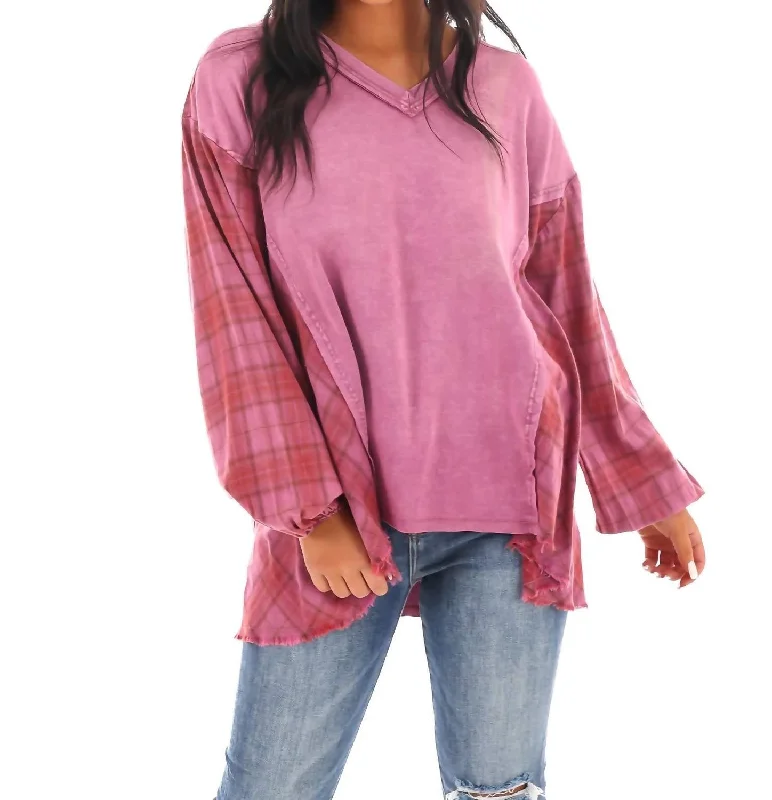 Tropical Island - Inspired Attire Say Anything Plaid Mix Tunic Top In Orchid