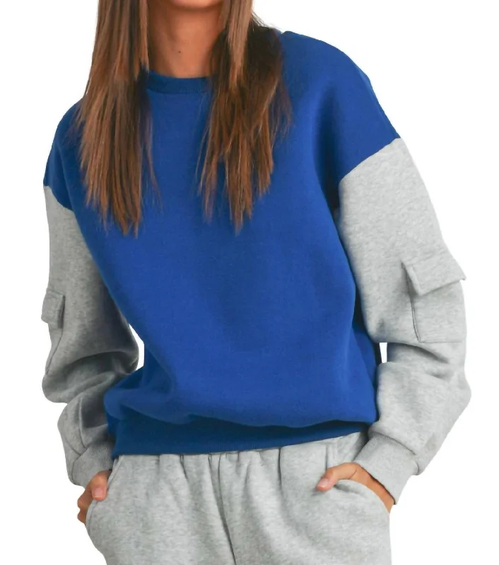 Contemporary Elegance Patched Pocket Contrast Sweatshirt In Blue / Hgrey