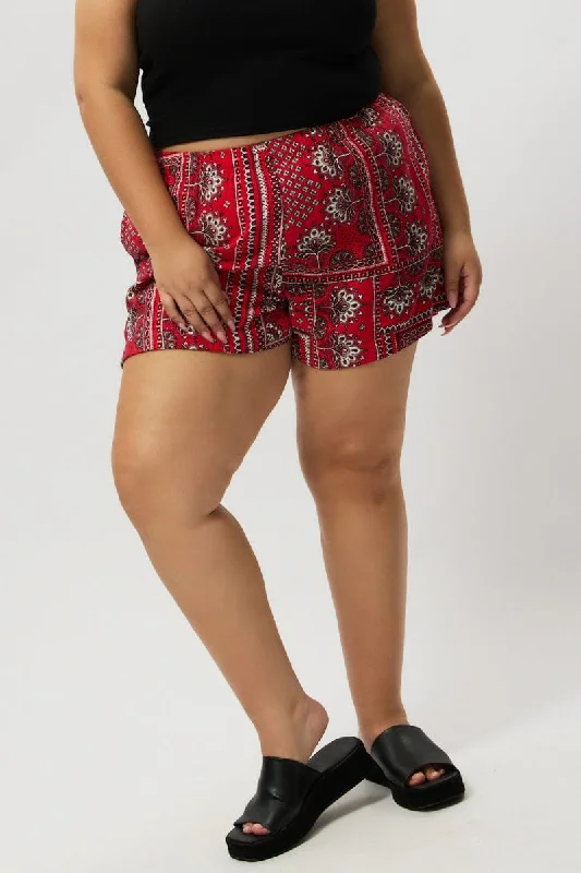 Minimalist Office - Ready Style Red Boho Elastic Waist Shorts