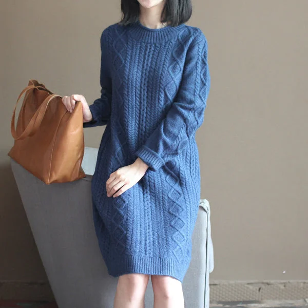 Seasonal Style Discounts winter vintage dark blue cotton sweater dresses plus size cable knit casual dress