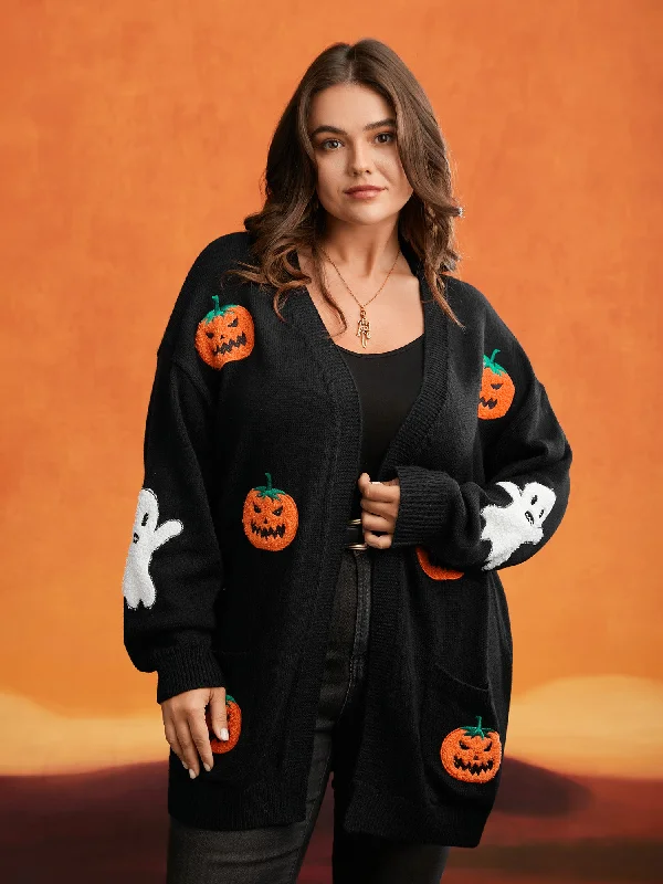 Grab Romantic Date - Night Styles Now Pumpkin Ghost Embroidery Open Cardigan