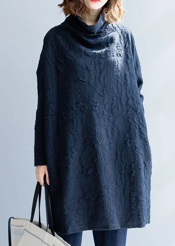 First Order Discount French blue Cotton Tunics high neck oversized fall Dress