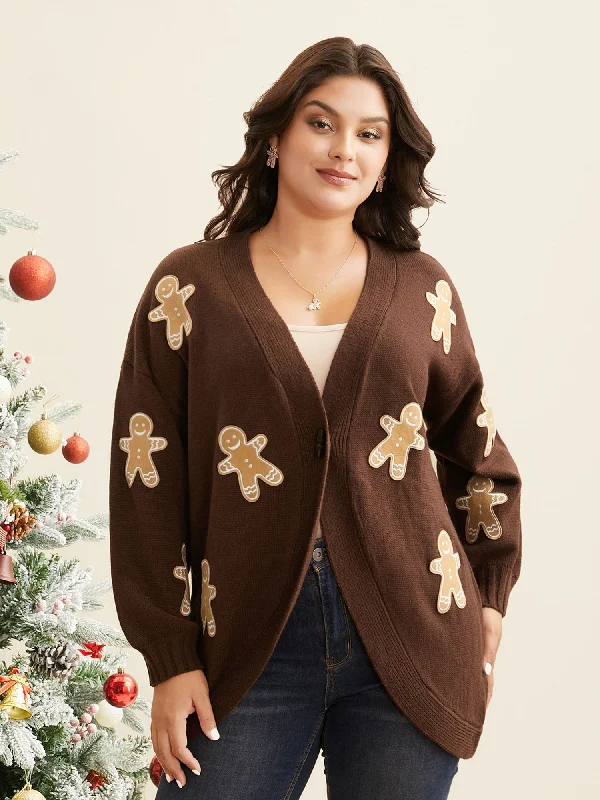 Limited-Time Offer Gingerbread Motifs Arc Hem Button-Front Cardigan