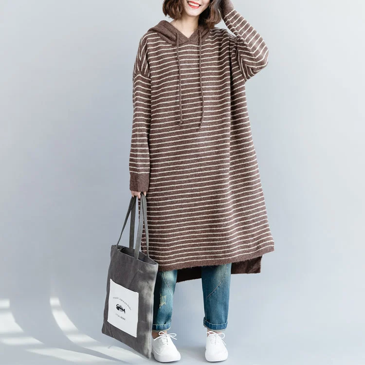 Latest Trends Women brown striped Sweater Aesthetic Quotes Funny hooded knitwear