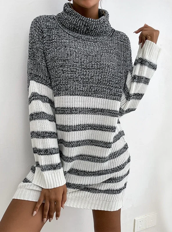 Limited Stock, Big Sale TastyHottie - FASHION LOOSE STRIPED STITCHING CONTRAST TURTLE NECK DRESS