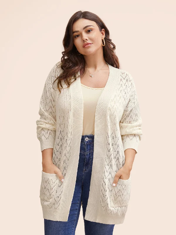 Flowing Silhouette Kimono Collar Patch Pocket Pointelle Knit Cardigan