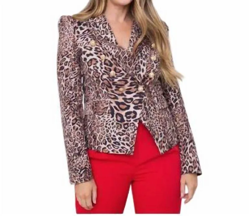 Vibrant Styles Leopard Double Breasted Blazer In Taupe