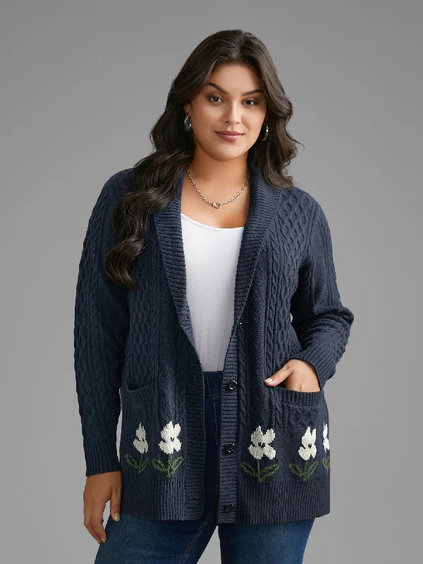 Rustic Countryside Charm Look Floral Jacquard Cable Knit Pocket Cardigan