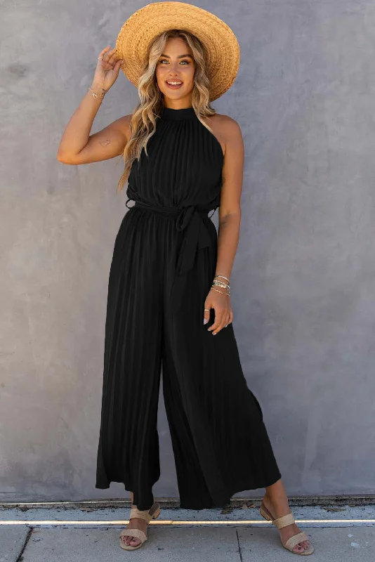 Vintage Charm Halter Neck Pleated Wide Leg Jumpsuit with Belt