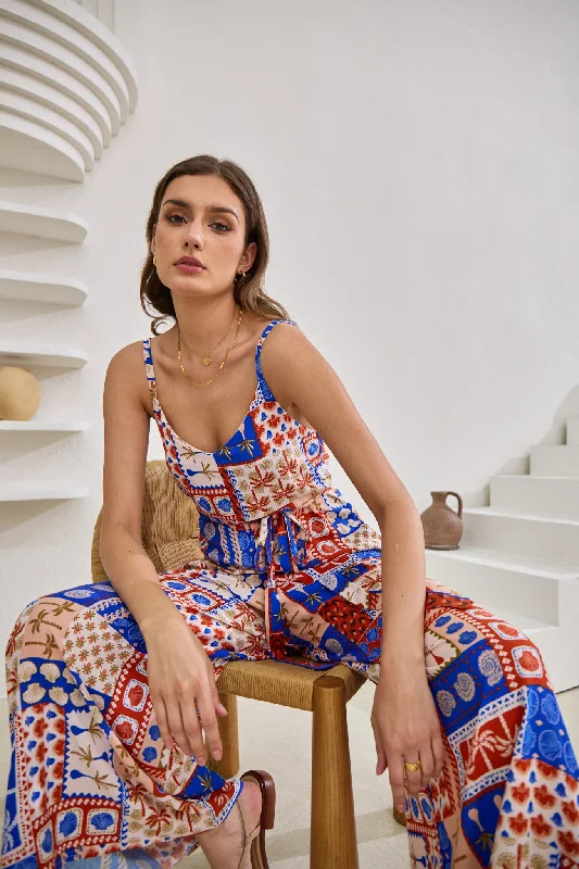 Seasonal Style Discounts Cordelia Blue Abstract Patchwork Jumpsuit