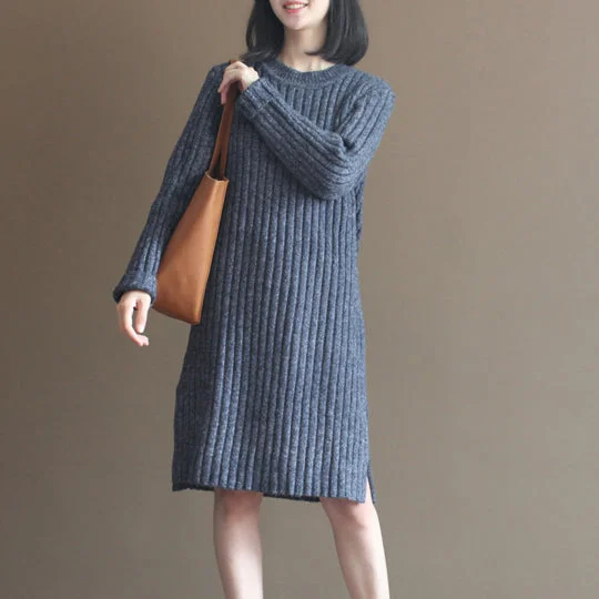 Designer Wear On Sale winter thick gray blue cotton knit casual dresses striped sweater dress