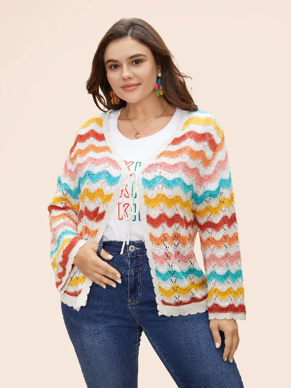 Premium Style Cotton Rainbow Perforated Front Tie Cardigan