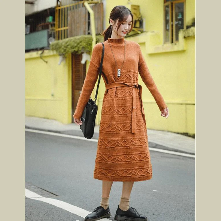 Latest Fashion Casual Loose Orange Sweater DrawstringDresses Women Winter Clothes