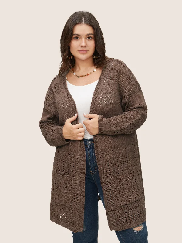 Save Big Solid Geometric Hollow Out Pocket Cardigan