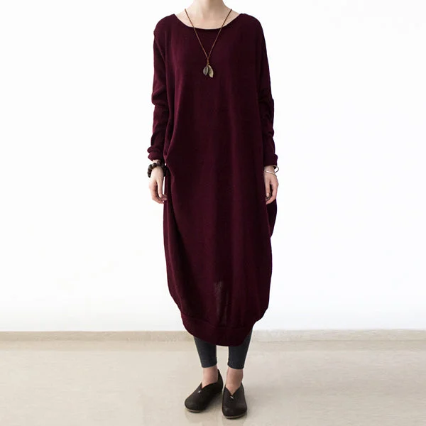 Low Price Special vintage burgundy knit dresses fall fashion o neck pullover women low high design long knit sweaters