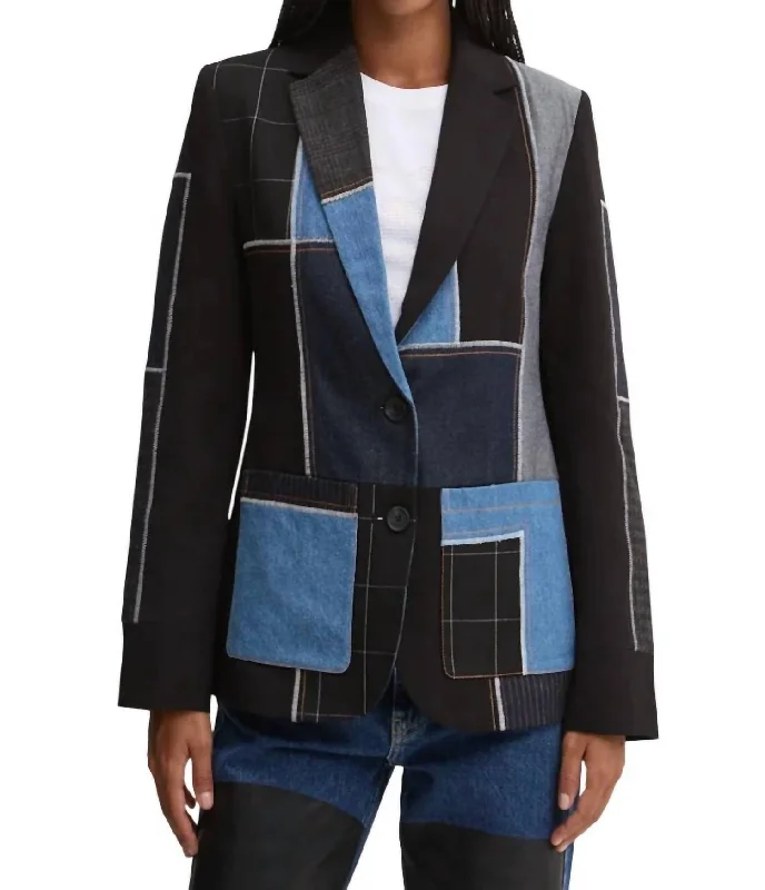 Romantic Flair Color Block Suit Jacket In Black/denim