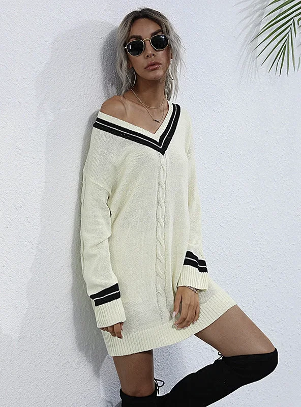 Massive Savings TastyHottie - STYLISH TWIST V-NECK COLLEGE WIND KNITTED SWEATER DRESS