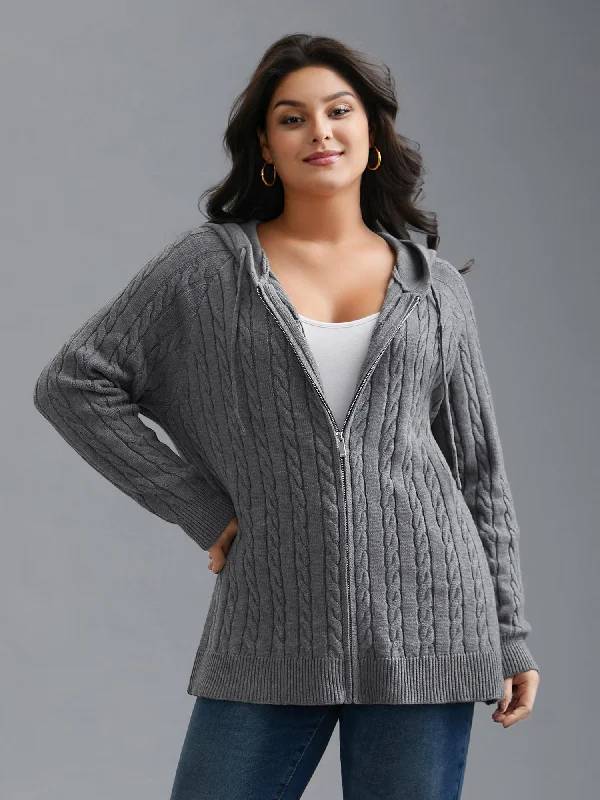 Women's Seasonal Attire Elegant Style Cable Knit Hooded Zipper Cardigan