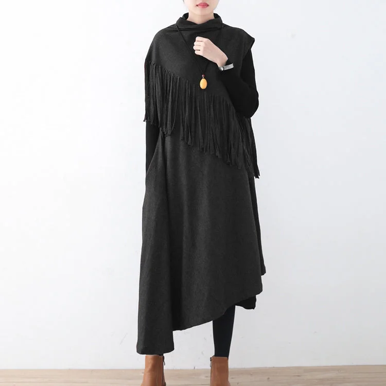 Limited Time Offers New black wool dress casual tassel winter dress Elegant asymmetric hem winter dress