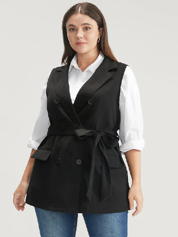 Gift Ideas Solid Flap Pocket Sleeveless Belt Blazer