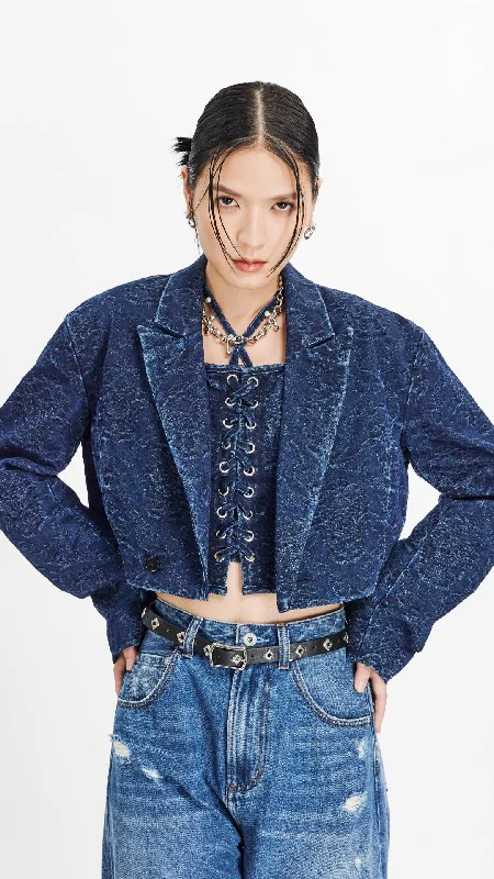 Contemporary Elegance Cropped Jacquard Denim Blazer