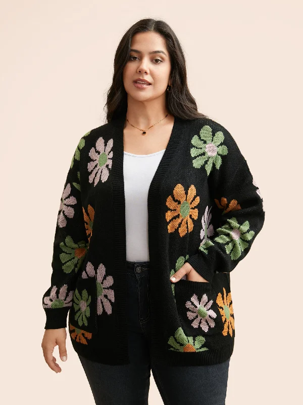 Coastal Beach - Inspired Style Contrast Floral Patch Pocket Cardigan