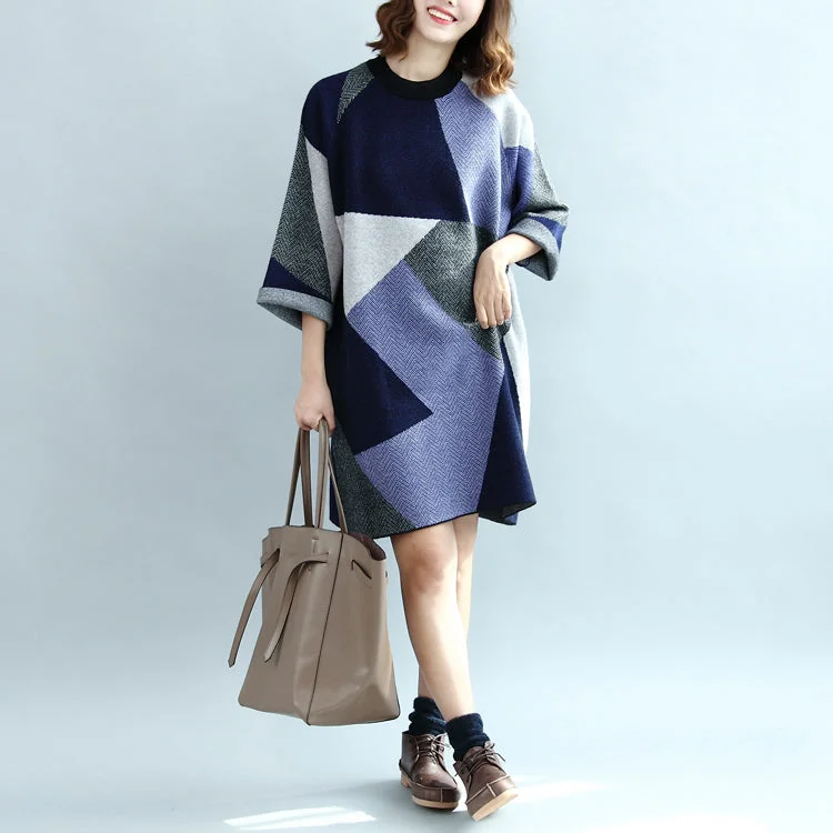 Vintage Inspired Fashion Sale 2024 geometric patchwork cotton knit dresses plus size casual bracelet sleeved sweater dress