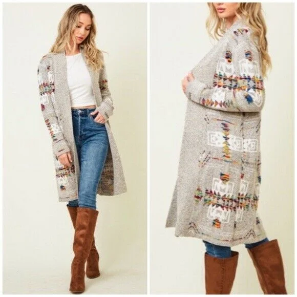 Fast Fashion Favorites Oatmeal Rainbow Multi Colored Aztec Tribal Jacquard Open Knit Cardigan Sweater