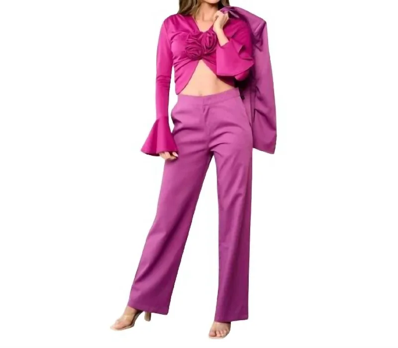 Sophisticated Fashion Top, Blazer And Pants 3 Piece Suit Set In Fuschia