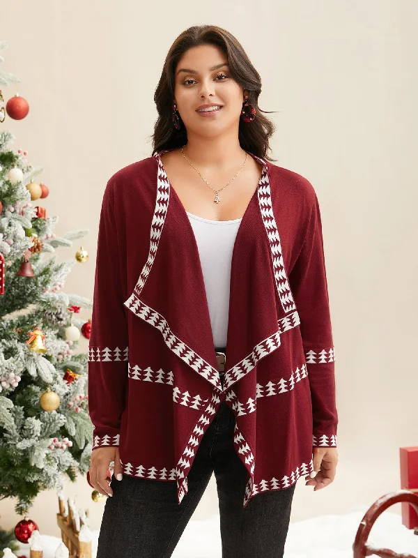 Elevate Your Wardrobe Holiday Pattern Hem Lapel Collar Knit Cardigan