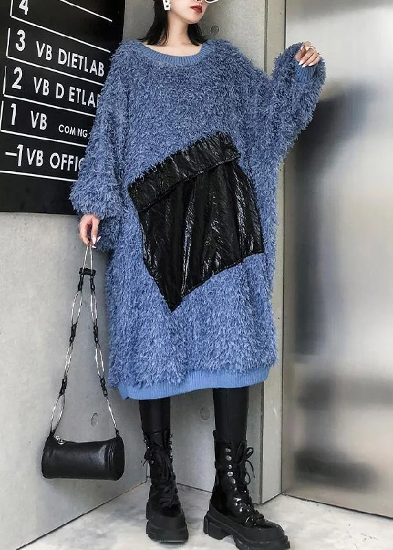 Clearance Event Cute blue Sweater weather plus size o neck tassel Big sweater dresses