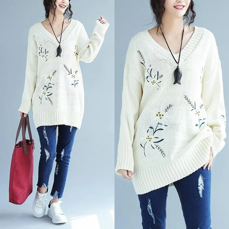 Seize Bargains 2024 white embroidery casual knit dresses plus size women v neck sweater dress