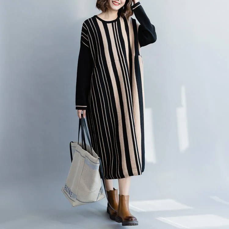 Spring Fashion Pullover black striped Sweater dress outfit  Street Style oversized  o neck knit dress