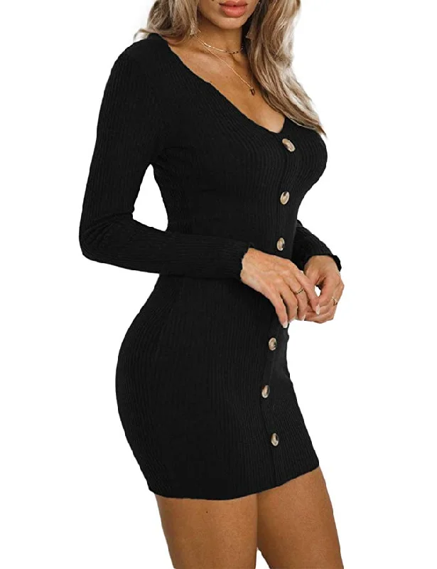 Limited Stock, Big Discounts TastyHottie - Women鈥檚 Ribbed Knit Button Down Sweater Dress V-Neck Long Sleeve Bodycon Mini Pencil Dress