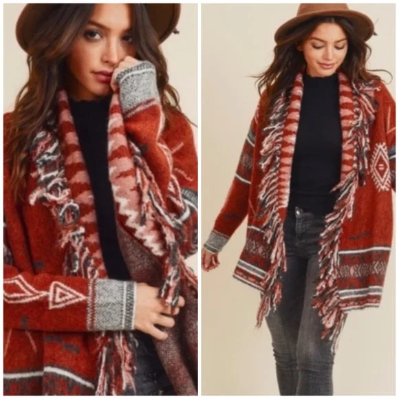 Sustainable Fashion Extravaganza Cowichan Boho Aztec Native Fringe Print Soft Knit Cardigan Sweater Womens