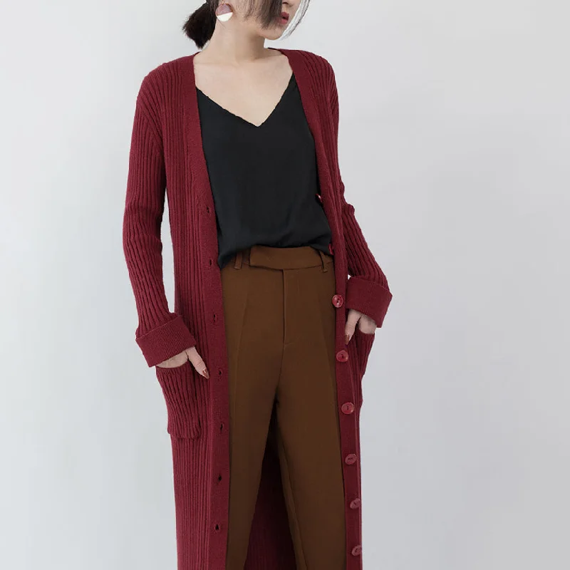 Fashion Sale Fashion burgundy maxi coat Loose fitting V neck  long coat Fine pockets coats