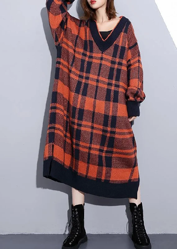 Last Chance Sale 100% side open Cotton v neck dresses Shape red plaid Dresses