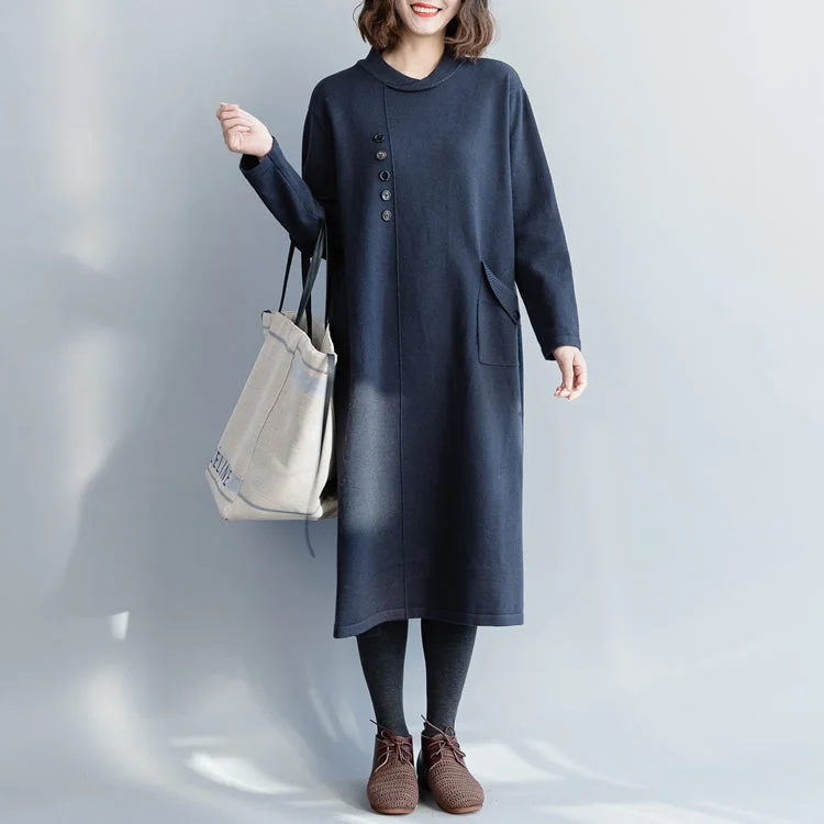 Fashionista Favorites Cute Sweater knit dress pattern plus size O neck pockets navy DIY knitwear