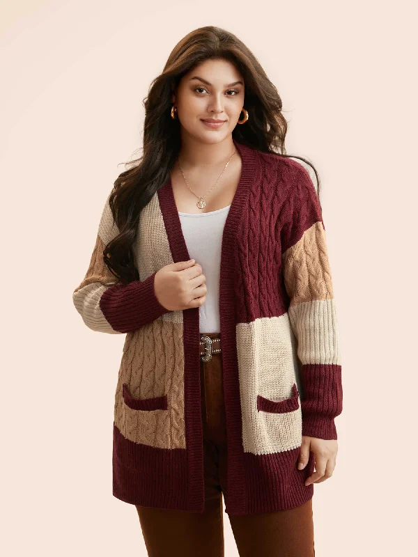 Seasonal Trend Colorblock Contrast Cable Knit Pocket Cardigan